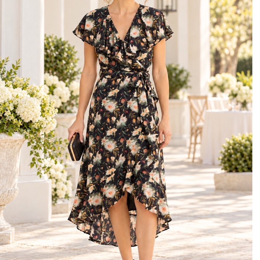 Chelsea28 Floral Tie Belt Midi Dress Black Ruffle High Low Wrap Dress Small D5